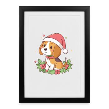 Chiot Beagle Noël au chapeau rouge - Affiche encadrée (27 × 37 cm) - noir - Devant