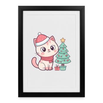 Chaton Noël près du sapin - Affiche encadrée (27 × 37 cm) - noir - Devant