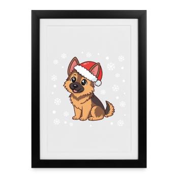 Chien Noël Cartoon chapeauté rouge - Affiche encadrée (27 × 37 cm) - noir - Devant