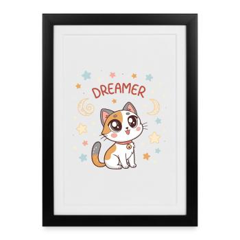 Chat rêveur pastel et étoiles - Affiche encadrée (27 × 37 cm) - noir - Devant