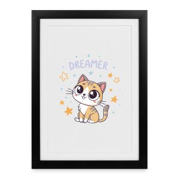 Chat rêveur et étoiles kawaii - Affiche encadrée (27 × 37 cm) - noir - Devant