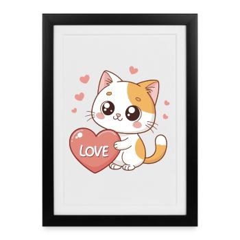 Chat kawaii cœur amour - Affiche encadrée (27 × 37 cm) - noir - Devant