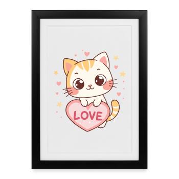 Chaton kawaii cœur Love - Affiche encadrée (27 × 37 cm) - noir - Devant