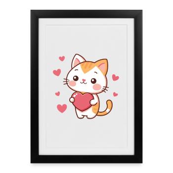 Chat Kawaii Coeurs Charmant - Affiche encadrée (27 × 37 cm) - noir - Devant