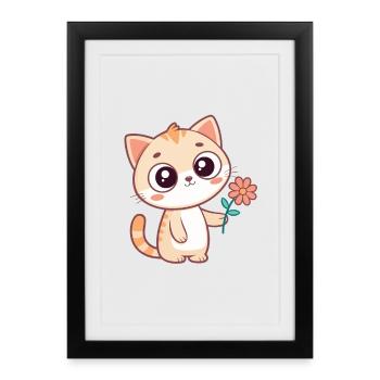 Chat kawaii et fleur pastel - Affiche encadrée (27 × 37 cm) - noir - Devant