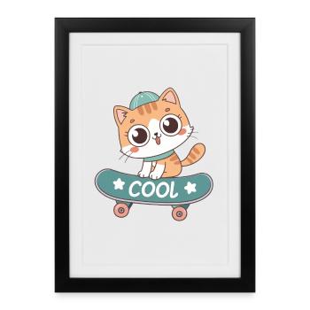 Chat sur skateboard pastel - Affiche encadrée (27 × 37 cm) - noir - Devant