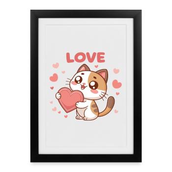 Chat kawaii porte cœur d'amour - Affiche encadrée (27 × 37 cm) - noir - Devant