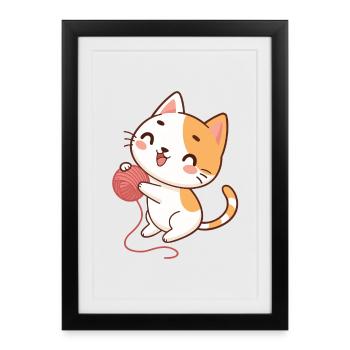 Chaton joyeux et pelote laine - Affiche encadrée (27 × 37 cm) - noir - Devant