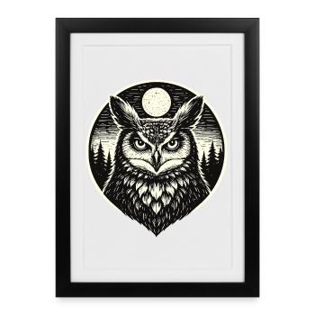 Silent Watch - Hibou dans le style de la gravure sur bois - Affiche encadrée (27 × 37 cm) - noir - Devant