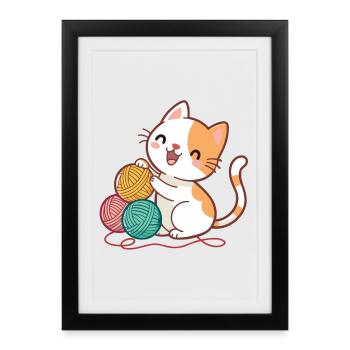 Chaton et Pelotes Colorées - Affiche encadrée (27 × 37 cm) - noir - Devant