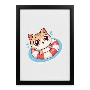 Chat Kawaii Dans Bouée Rouge - Affiche encadrée (27 × 37 cm) - noir - Devant