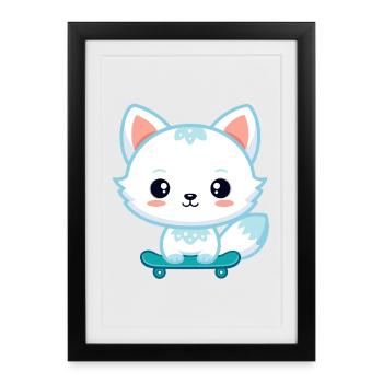 Renard kawaii sur skateboard - Affiche encadrée (27 × 37 cm) - noir - Devant
