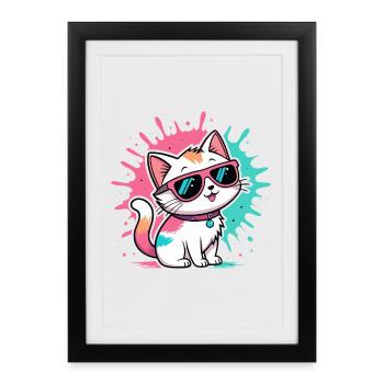 Chat coloré lunettes soleil - Affiche encadrée (27 × 37 cm) - noir - Devant