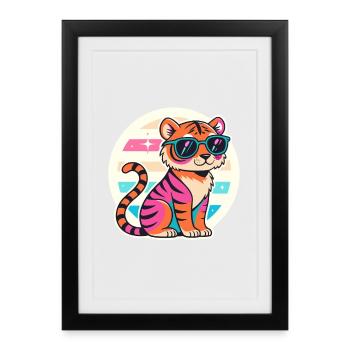 Neon-Tiger mit Retro-Brille - Gerahmtes Poster (27 × 37 cm) - Schwarz - Vorne