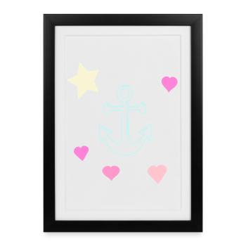 Gribouillage Pastel Anchor avec des cœurs et une étoile - Affiche encadrée (27 × 37 cm) - noir - Devant