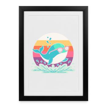 Baleine Surf Arc en Ciel Rétro - Affiche encadrée (27 × 37 cm) - noir - Devant