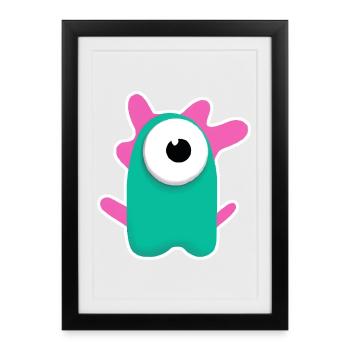 Cyclope turquoise mignon | Monstre rose drôle - Affiche encadrée (27 × 37 cm) - noir - Devant