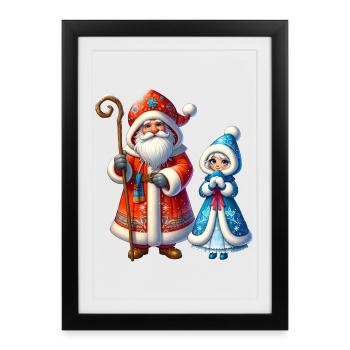 Ded Moroz Snegurotschka russischer Weihnachtsmann - Gerahmtes Poster (27 × 37 cm) - Schwarz - Vorne