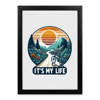 Aventure à vélo de montagne au coucher du soleil - Affiche encadrée (27 × 37 cm) - noir - Devant