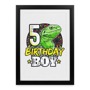 Dino 5e anniversaire garçon - Affiche encadrée (27 × 37 cm) - noir - Devant