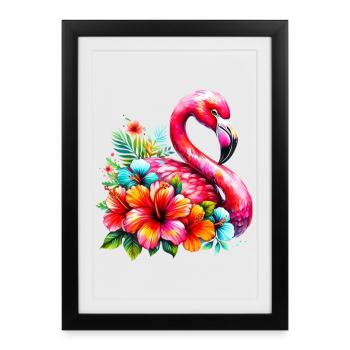 Flamingo decorated with hibiscus flowers - Framed poster (27 × 37 cm) - black - Front