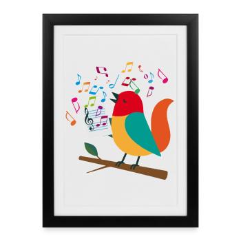 Oiseau chanteur avec des notes colorées – Motif musical - Affiche encadrée (27 × 37 cm) - noir - Devant