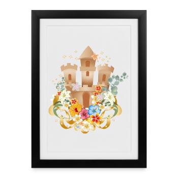 Château de sable avec des fleurs exotiques sur la plage - Affiche encadrée (27 × 37 cm) - noir - Devant