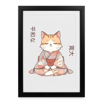 Chat animé en kimono – Méditation zen au Japon - Affiche encadrée (27 × 37 cm) - noir - Devant