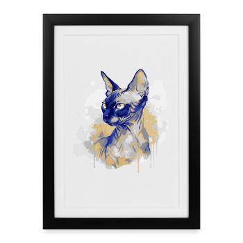 Aquarelle d’art du chat Sphynx - Affiche encadrée (27 × 37 cm) - noir - Devant
