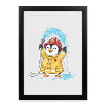Tuyau d'arrosage pour enfants Pingouin Pompier - Affiche encadrée (27 × 37 cm) - noir - Devant