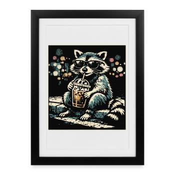 Raton laveur drôle qui boit du café glacé - Affiche encadrée (27 × 37 cm) - noir - Devant
