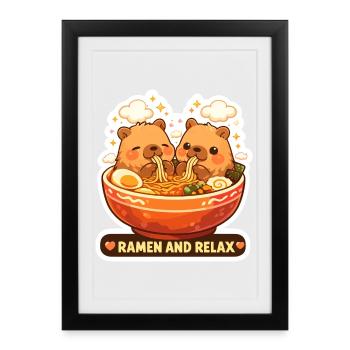 Capybara Ramen & Relax Sticker - Gerahmtes Poster (27 × 37 cm) - Schwarz - Vorne