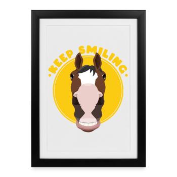 Portrait du cheval souriant dans un cercle jaune - Affiche encadrée (27 × 37 cm) - noir - Devant