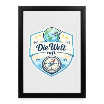 Die Welt ruft Reisepatch - Gerahmtes Poster (27 × 37 cm) - Schwarz - Vorne