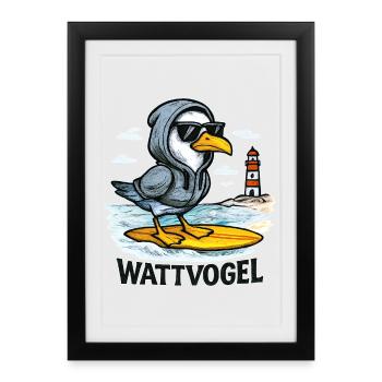 Wattvogel® Surfer-Möwe mit Hoodie & Sonnenbrille - Gerahmtes Poster (27 × 37 cm) - Schwarz - Vorne