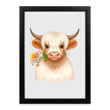 Aspect vache des Highlands avec des fleurs en bouche au printemps - Affiche encadrée (27 × 37 cm) - noir - Devant