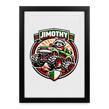 Jimothy Raccoon – Design tout-terrain vintage drôle - Affiche encadrée (27 × 37 cm) - noir - Devant