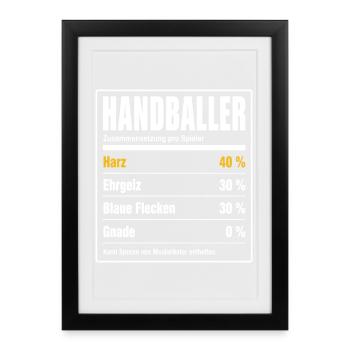 Handballer Inhaltsstoffe – 40 % Harz, 0 % Gnade - Gerahmtes Poster (27 × 37 cm) - Schwarz - Vorne