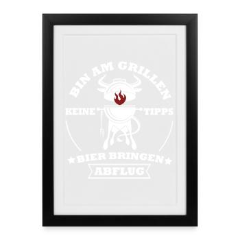 Grillkoch Spruch Logo Mit Kuh BBQ - Gerahmtes Poster (27 × 37 cm) - Schwarz - Vorne