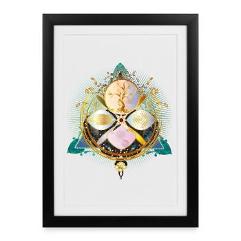 Amulette avec arbre doré et éléments de la nature - Affiche encadrée (27 × 37 cm) - noir - Devant