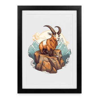 Mountain goat with horns in alpine style - Framed poster (27 × 37 cm) - black - Front