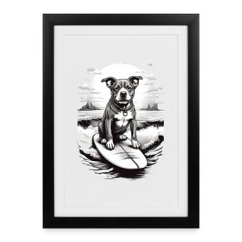 Chien surfeur en noir et blanc - Affiche encadrée (27 × 37 cm) - noir - Devant