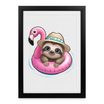 Paresseux kawaii en flamant rose🦩 - Affiche encadrée (27 × 37 cm) - noir - Devant