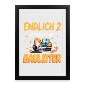 Excavatrice 2ème anniversaire garçon – 2 ans ouvrier du bâtiment G - Affiche encadrée (27 × 37 cm) - noir - Devant