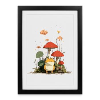 Grenouille devant des champignons rouges dans la forêt - Affiche encadrée (27 × 37 cm) - noir - Devant