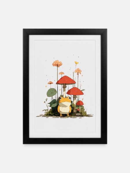 Frog in front of red mushrooms in the forest - Framed poster (27 × 37 cm) - black