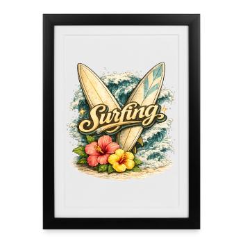 Surfing with waves and hibiscus flowers - Framed poster (27 × 37 cm) - black - Front