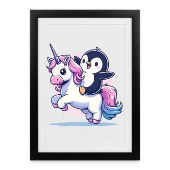 Le manchot chevauche la licorne - Affiche encadrée (27 × 37 cm) - noir - Devant