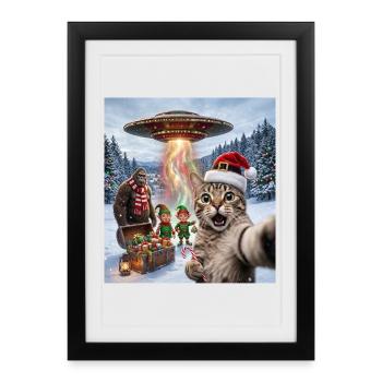Chat de Noël dans un selfie d’OVNI - Affiche encadrée (27 × 37 cm) - noir - Devant