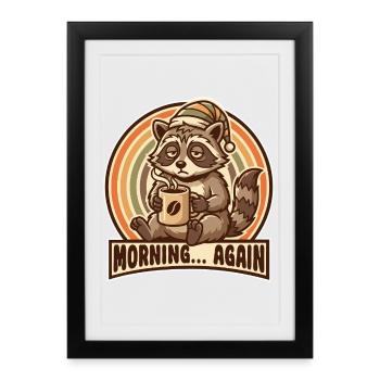 Morgenmuffel Waschbär mit Kaffee - Affiche encadrée (27 × 37 cm) - noir - Devant